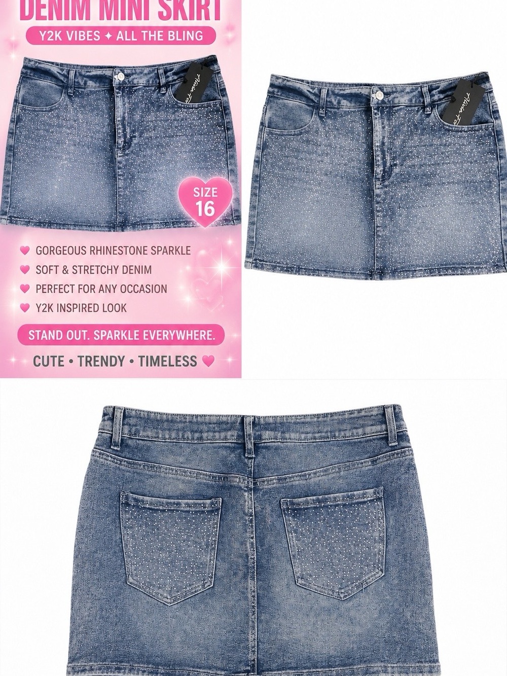 Denim Rhinestone Sparkle Mini Skirt - Blue
